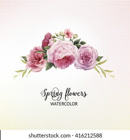 Bouquet of roses, watercolor, can be used as greeting card, invitation card for wedding, birthday and other holiday and  summer background. Vector.