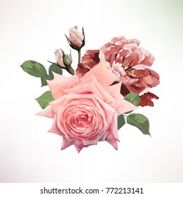 Bouquet of roses, watercolor, can be used as greeting card, invitation card for wedding, birthday and other holiday and  summer background. Vector.
