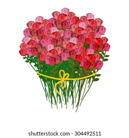 Bouquet of roses and a white background. Huge bouquet of red flowers. 100 pieces of roses. Vector illustration
