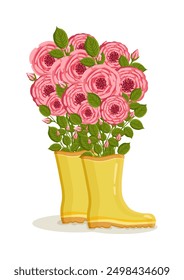 Bouquet of roses in yellow rain boots. Spring composition for Women's Day, Mother's Day, Valentine's Day and other holidays. Spring floral design isolated vector illustration.