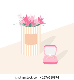 Bouquet in a round box with a note and a diamond ring in a pink box. Elements for declaration of love, apology, congratulations on Valentine's Day. Vector illustration.