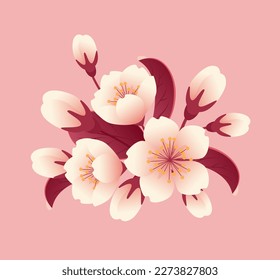 Bouquet of sakura flowers, buds and leaves. Botanical illustration in realistic style, cherry blossom. Hanami Festival. For stickers, posters, postcards, design elements