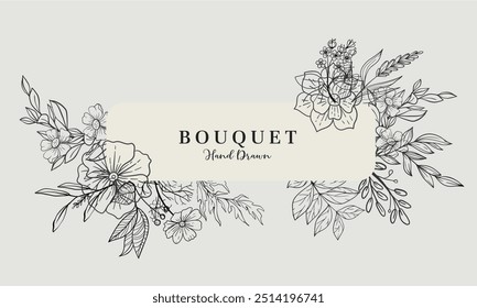 Bouquet Set of elegant background with detailed various flowers and foliage, intricate details and delicate forms. Floral frame and Wedding wildflowers for invitation save the date card Etc.