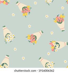 Bouquet set with spring flowers tulips and daffodils seamless pattern background. Vector Illustration