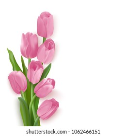 Bouquet of seven pinkl tulips on the left bottom of the card. Photo-realistic vector spring flowers with place for congratulation text on a white background.