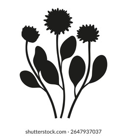 Bouquet silhouette of flowers and leaves. Bunch of blooming wild plants, minimal style. Botanical hand-drawn elements for design projects. Vector illustration