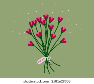 Bouquet of simple flowers in trendy pink color on green background. Vector floral spring illustration. Congratulatory bouquet