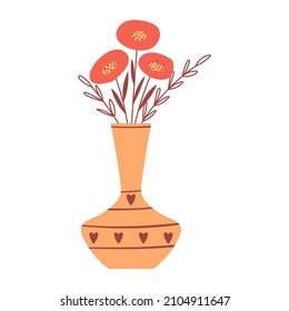 A bouquet with simple red flowers in a vase with stripes and hearts. Decorative element for Valentine's Day cards. Simple flat color vector illustration isolated on white background