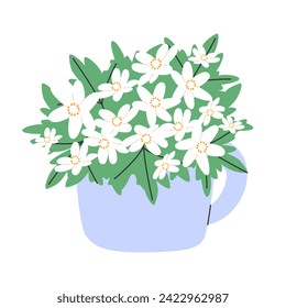 Bouquet of snowdrops in a mug vase. Stylish hand-drawn spring March flowers.For design, decoration and printing. Vector illustration EPS10
