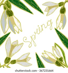 bouquet of snowdrops with open and closed buds of spring and the inscription in retro styles