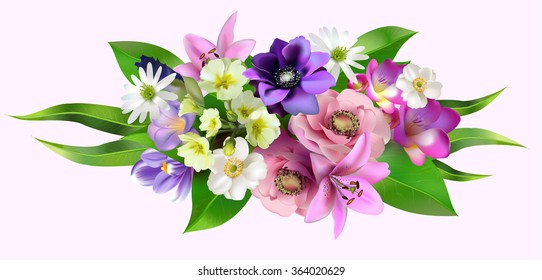 bouquet of snowdrops, spring forest flowers, vector illustration