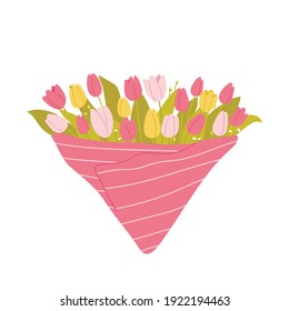 A bouquet of spring blooming flowers. Multicolored tulips. Floral decorative composition isolated on white background. Vector illustration in flat style