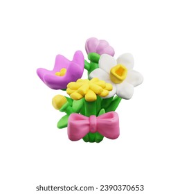 Bouquet of spring blooming flowers tied with pink bow for Mothers day greeting cards and spring banners, 3D realistic vector illustration isolated on background.