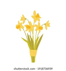 A bouquet of spring blooming flowers. Yellow daffodils. Floral decorative composition isolated on white background. Vector illustration in flat style