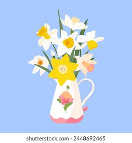 Bouquet of spring daffodil flowers in white vase jug isolated on green background. Cute seasonal garden botanical vector illustration for cover, picture, card, poster