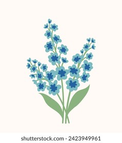 Bouquet with spring flower concept. Blue flowers with leaves. Wild life and flora. Spring season element. Template and layout. Cartoon flat vector illustration isolated on white background