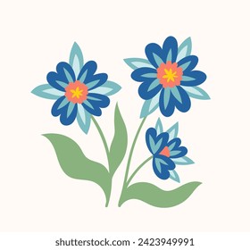 Bouquet con flor primaveral. Flores azules con hojas. Vida y flora silvestres. Botánica y floristería. Elemento gráfico para el sitio web. Dibujo vectorial plano de dibujos animados aislado en fondo blanco