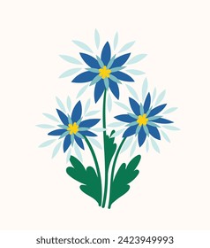 Bouquet with spring flower concept. Blue flowers with leaves. Wild life and flora. Spring season element. Bloom and blossom. Cartoon flat vector illustration isolated on white background