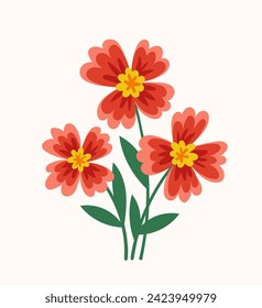 Bouquet with spring flower concept. Red flowers with leaves. Wild life and flora. Botany and floristry. Bloom and blossom. Cartoon flat vector illustration isolated on white background