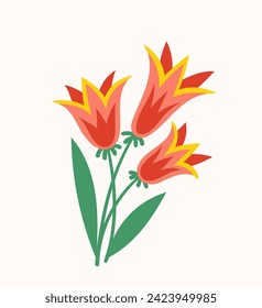 Bouquet with spring flower concept. Red flowers with leaves. Wild life and flora. Beauty and elegance. Bloom and blossom. Cartoon flat vector illustration isolated on white background