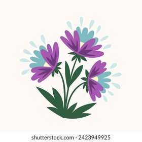 Bouquet with spring flower concept. Violet and blue flowers with leaves. Wild life and flora. Botany and floristry. Template and layout. Cartoon flat vector illustration isolated on white background