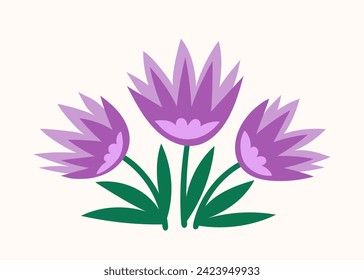 Bouquet with spring flower concept. Violet flowers with leaves. Wild life and flora. Botany and floristry. Sticker for social networks. Cartoon flat vector illustration isolated on white background