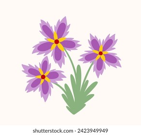 Bouquet with spring flower concept. Violet flowers with leaves. Wild life and flora. Botany and floristry. Pattern and ornament. Cartoon flat vector illustration isolated on white background