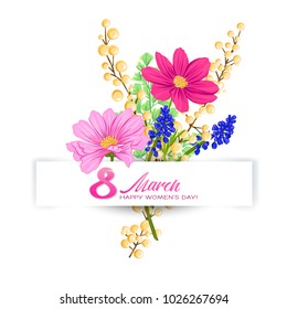 Bouquet of spring flowers for 8 March. Colorful realistic vector illustration. Isolated on white background.