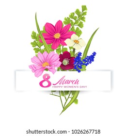 Bouquet of spring flowers for 8 March. Colorful realistic vector illustration. Isolated on white background.