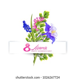 Bouquet of spring flowers for 8 March. Colorful realistic vector illustration. Isolated on white background.