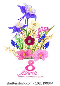 Bouquet of spring flowers for 8 March. Colorful realistic vector illustration. Isolated on white background.
