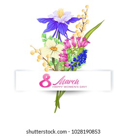 Bouquet of spring flowers for 8 March. Colorful realistic vector illustration. Isolated on white background.