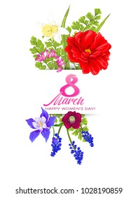 Bouquet of spring flowers for 8 March. Colorful realistic vector illustration. Isolated on white background.