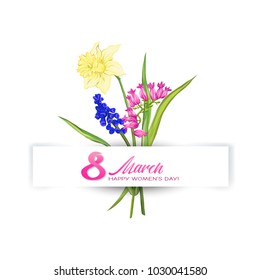 Bouquet of spring flowers for 8 March. Colorful realistic vector illustration. Isolated on white background.