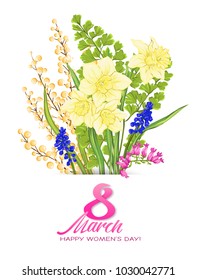 Bouquet of spring flowers for 8 March. Colorful realistic vector illustration. Isolated on white background.