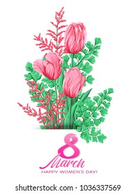 Bouquet of spring flowers for 8 March. Colorful realistic vector illustration. Isolated on white background.