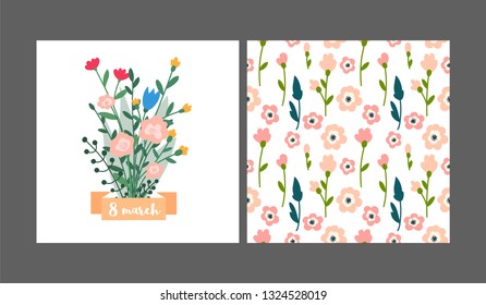  Bouquet of spring flowers, 8 March greeting card, international women’s day. Set of card and floral seamless pattern background.