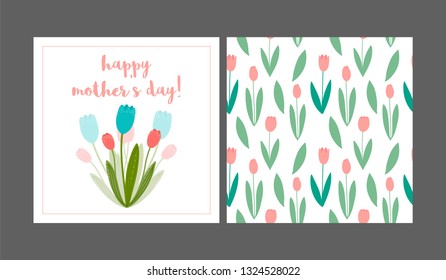  Bouquet of spring flowers, 8 March greeting card, international women’s day. Set of card and floral seamless pattern background.