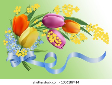 Bouquet of spring flowers. Beautiful card with tulips and mimosa