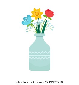 Bouquet of spring flowers in a beautiful vase. Vector illustration in flat style, template for greeting card, woman’s or mother’s day holiday banner, poster