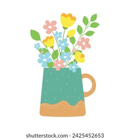 Bouquet of spring flowers in the blue tea cup. Springtime, greeting  concept.