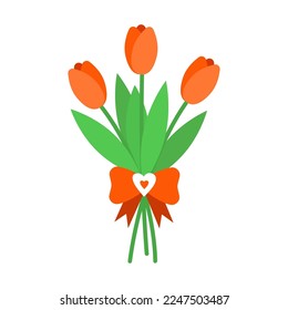 Bouquet of spring flowers with bow and hearts. Red tulips on white background. Holiday vector illustration for greeting card.