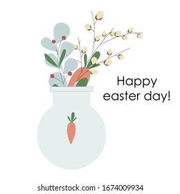 Ramo de flores primaverales con zanahorias para conejo de Pascua en un delicado jarrón azul sobre un fondo blanco para el diseño de ilustraciones, tarjetas de felicitación, carteles, empaque, decoraciones de estilo plano.