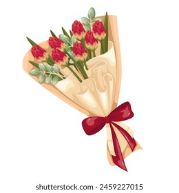 Bouquet of spring flowers, cartoon floral gift. Birthday present with red ribbon bow or flowers for girl on love date, cartoon tulips for actor after performance on theater stage vector illustration