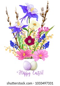 A bouquet of spring flowers, decorated with Easter eggs and the inscription Happy Easter!  Stock vector illustration Isolated on white background.