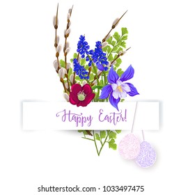 A bouquet of spring flowers, decorated with Easter eggs and the inscription Happy Easter!  Stock vector illustration Isolated on white background.