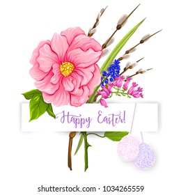 A bouquet of spring flowers, decorated with Easter eggs and the inscription Happy Easter!  Stock vector illustration Isolated on white background.