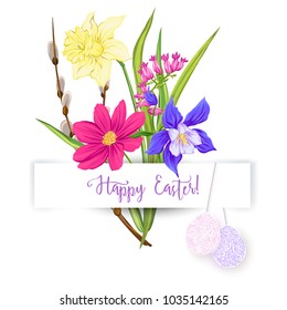 A bouquet of spring flowers, decorated with Easter eggs and the inscription Happy Easter!  Stock vector illustration Isolated on white background.