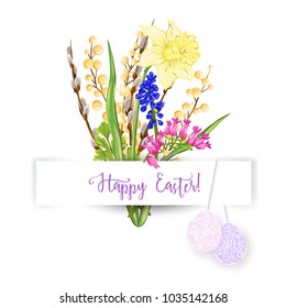 A bouquet of spring flowers, decorated with Easter eggs and the inscription Happy Easter!  Stock vector illustration Isolated on white background.