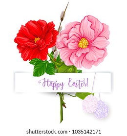 A bouquet of spring flowers, decorated with Easter eggs and the inscription Happy Easter!  Stock vector illustration Isolated on white background.